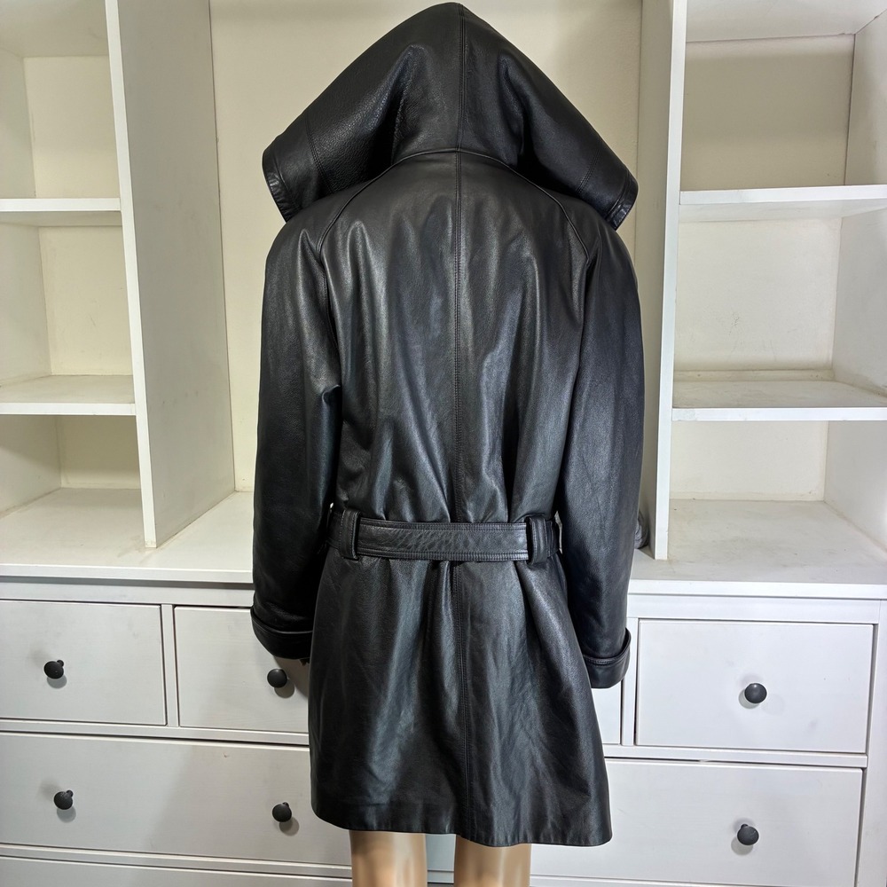 Wilsons Leather Parka Jacket Womens Medium Black Hooded Belted Thinsulate Coat - Picture 3 of 11